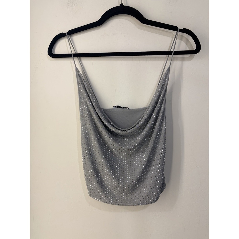 Y2K ZARA Rhinestone Studded Cowl Neck Cami Top Women's S Gray Silver